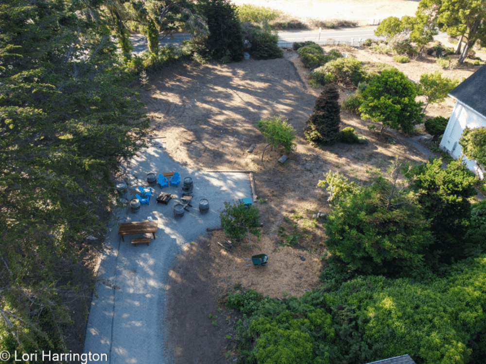 Aerial view of a sparse yard featuring scattered tools and garden materials among trees and shrubs.