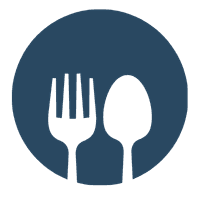 A simplified icon featuring a fork and spoon inside a circular design.