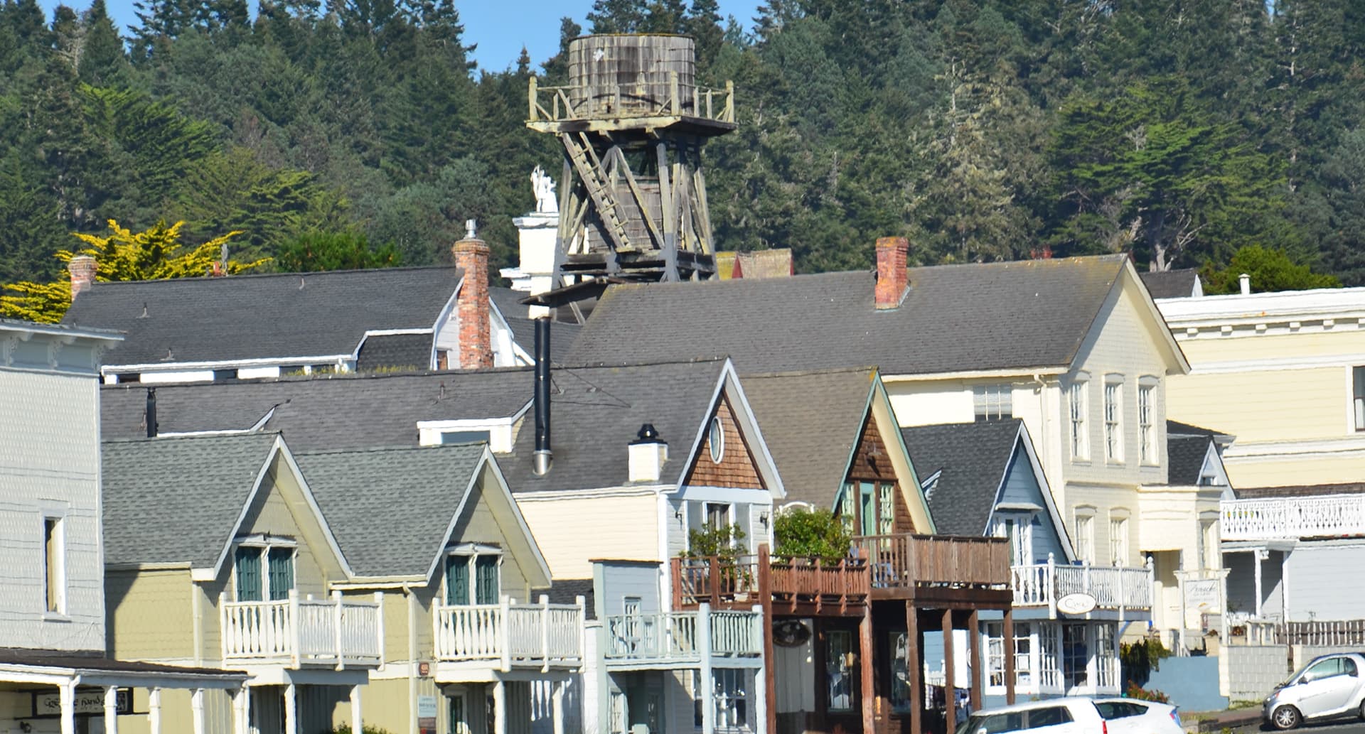 A view of quaint houses with a water tower and trees in the background.