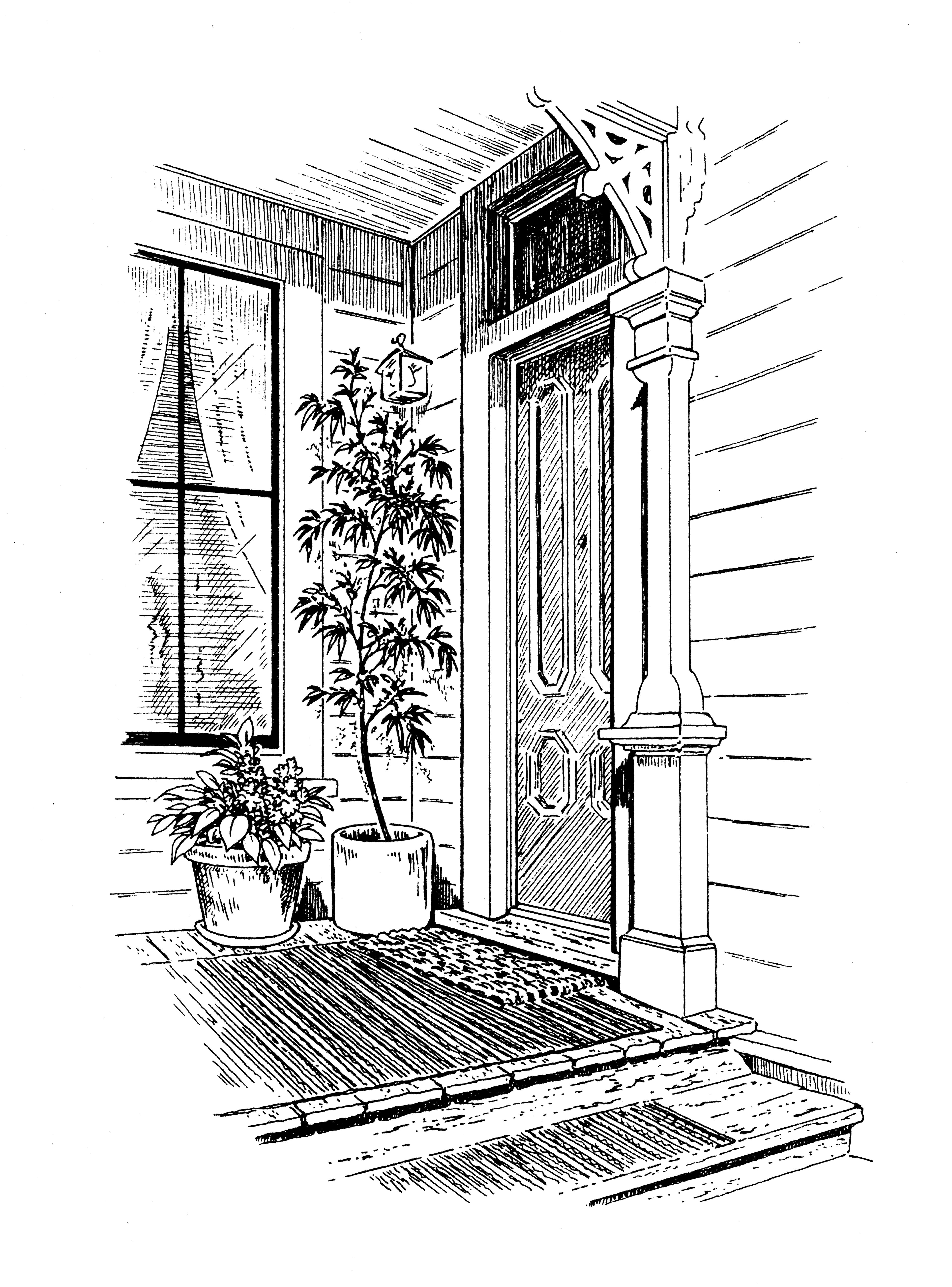 Illustration of a welcoming entryway with potted plants, a door, and decorative architectural details.