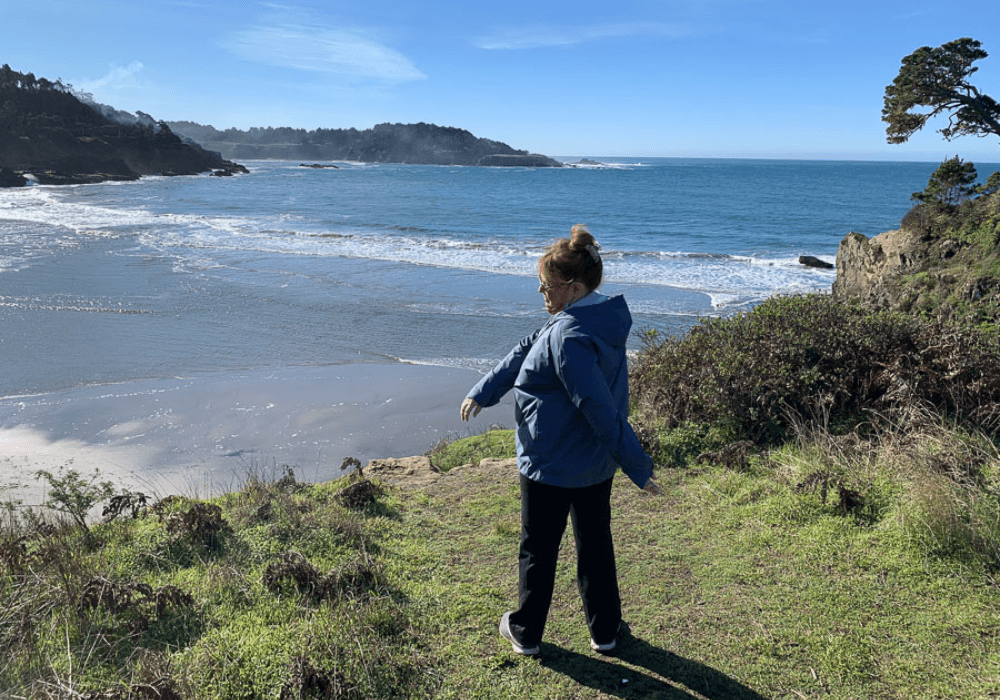 A person stands on a grassy cliff overlooking a beach and ocean under a clear blue sky.