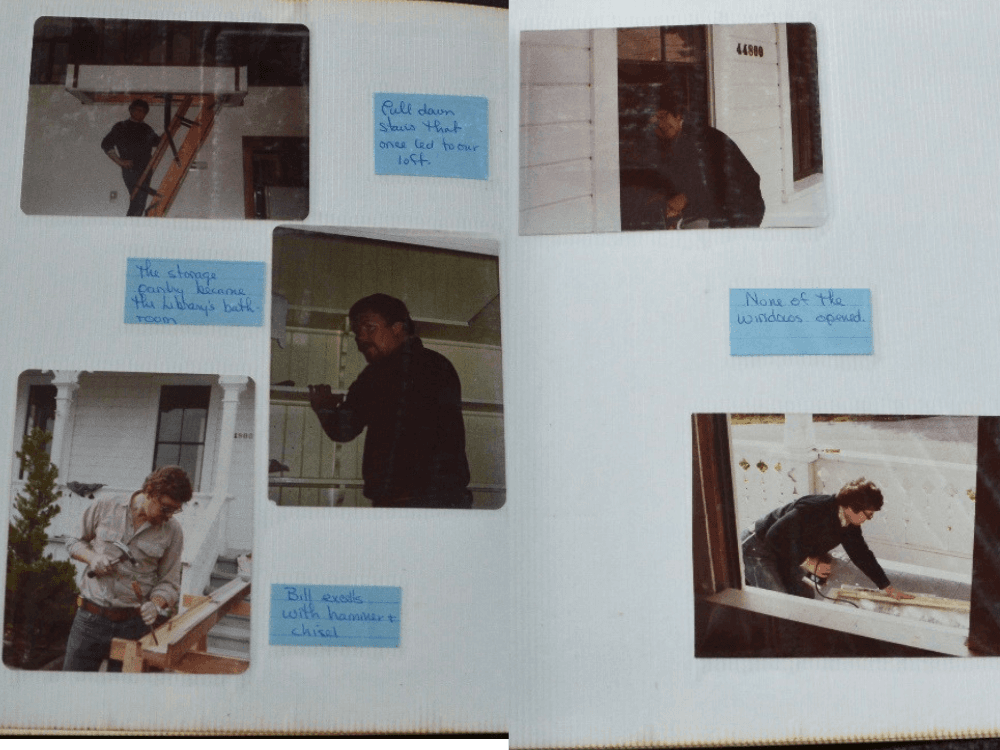 A collage of photos documenting home renovation work, featuring individuals engaged in carpentry and window installation.