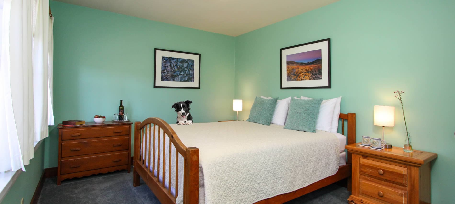 A cozy bedroom with a green wall, wooden furniture, and a dog sitting on the bed.
