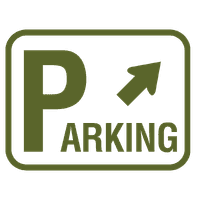 Green parking sign with an arrow pointing right.