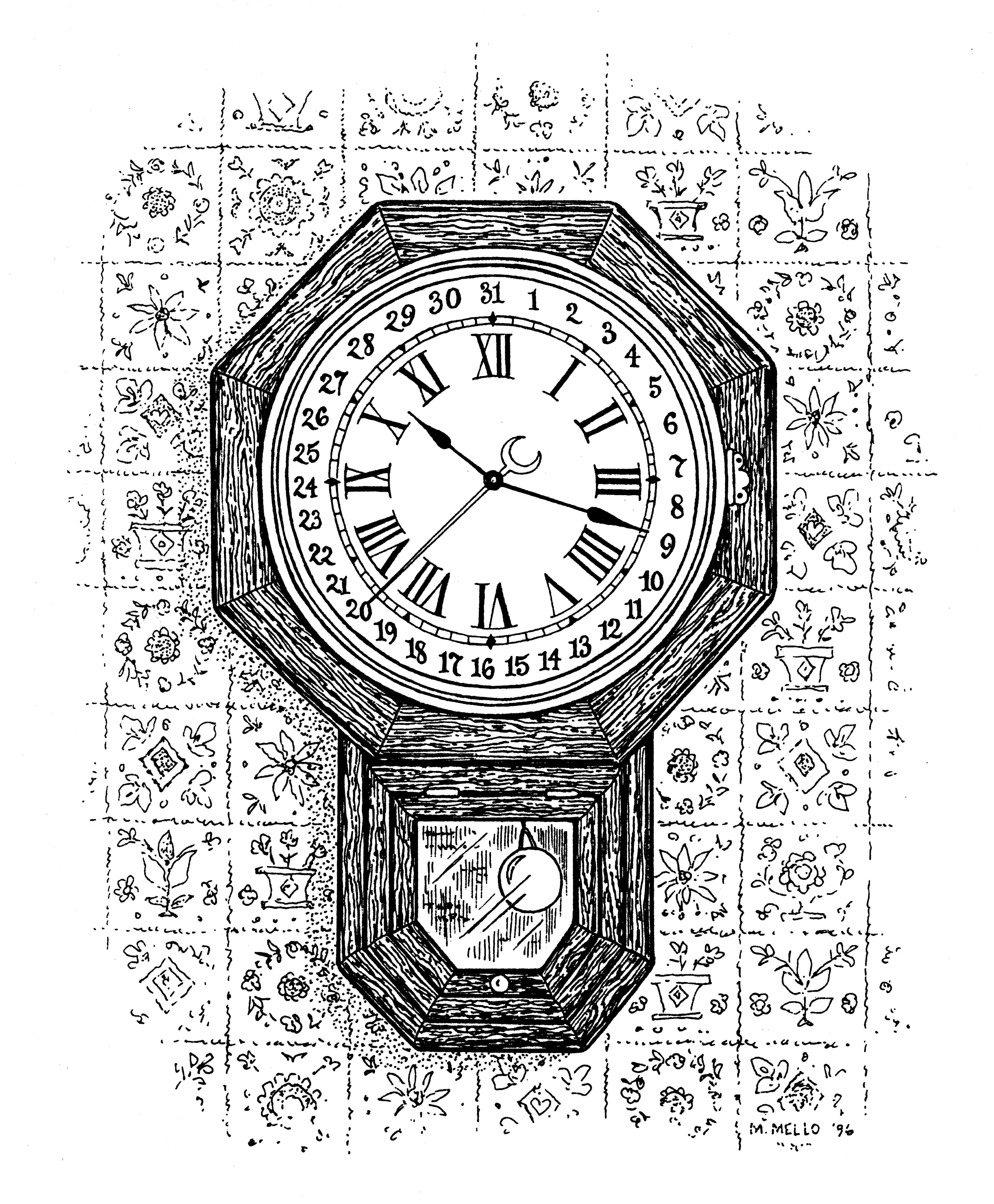 An ornate wall clock sits against a decorative tiled background.