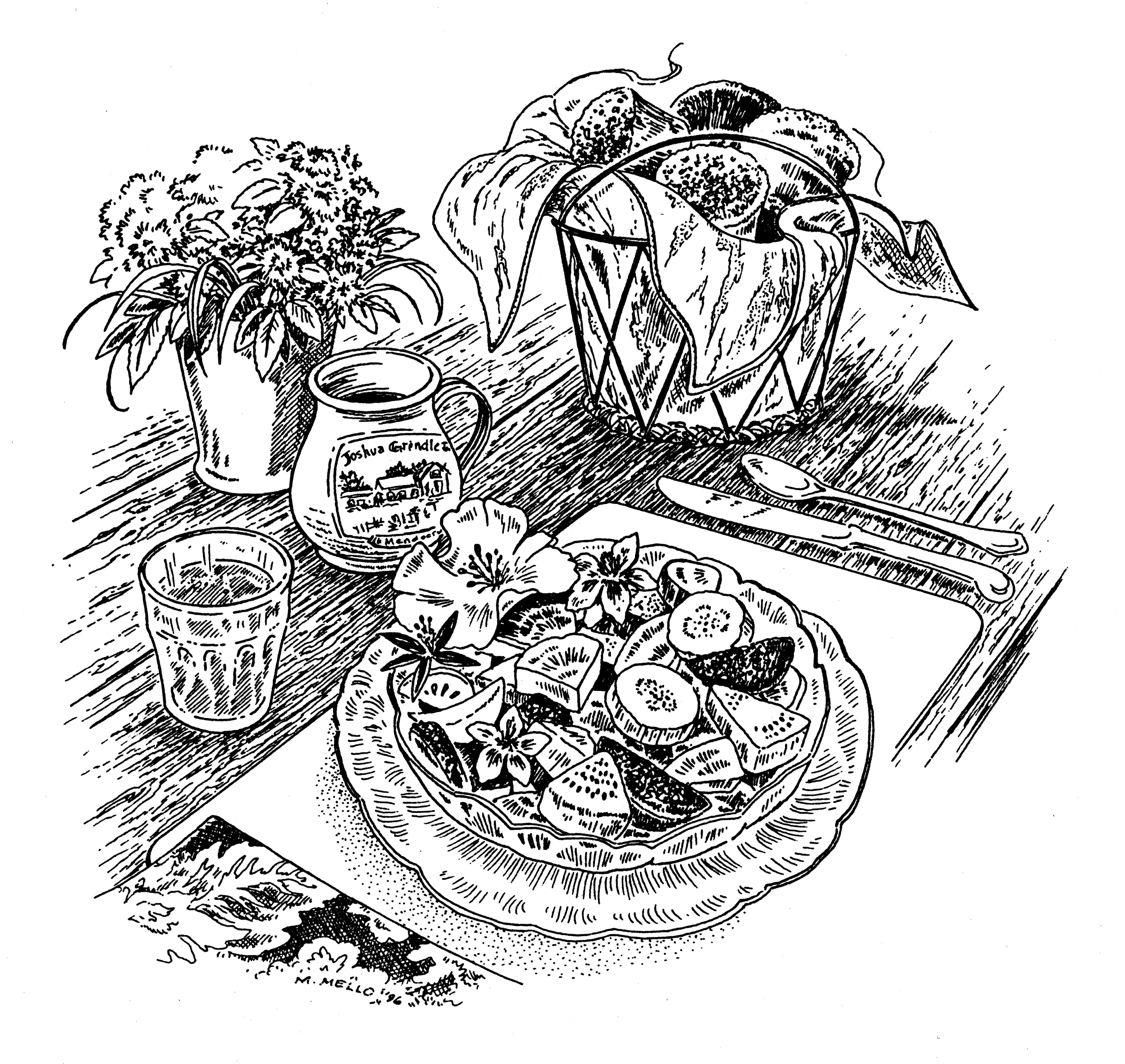 A black-and-white illustration of a table setting with a fruit salad, a glass of water, a jar, and potted plants.