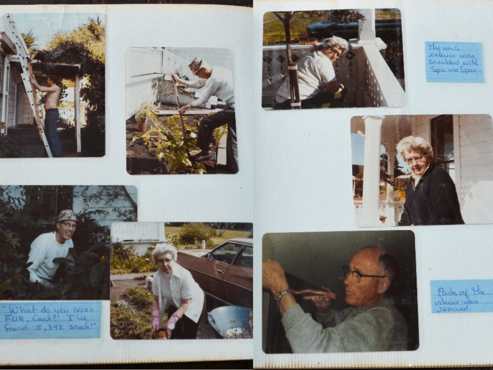 A scrapbook page featuring six photos of individuals working on gardening and home maintenance tasks, with handwritten captions.