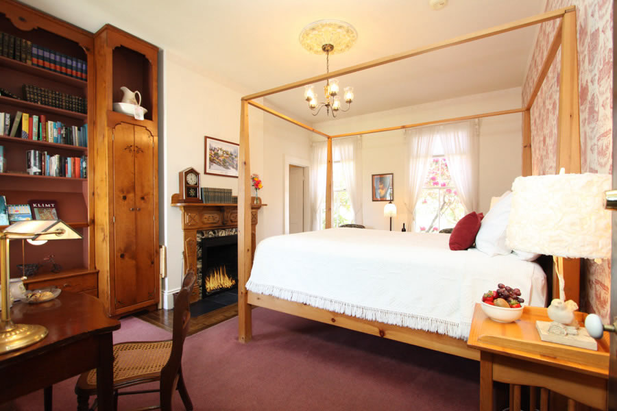 library room with bed, fireplace, table and chairs